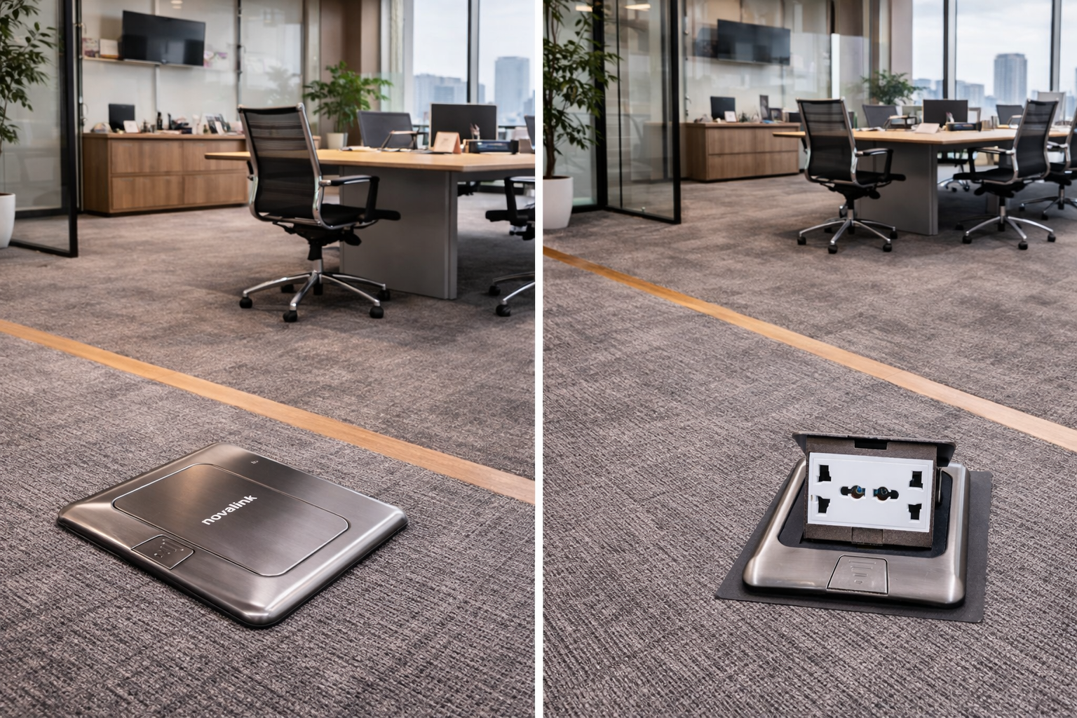 Bộ Ổ cắm âm sàn điệ inox lắp tối đa 3 modul chính hãng NOVALINK mã NV-FS3S cao cấp